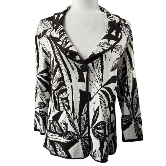 Chico's Silk Blend White Brown Tropical Leaf Knit Sweater Blazer Beachy Office - Picture 1 of 8